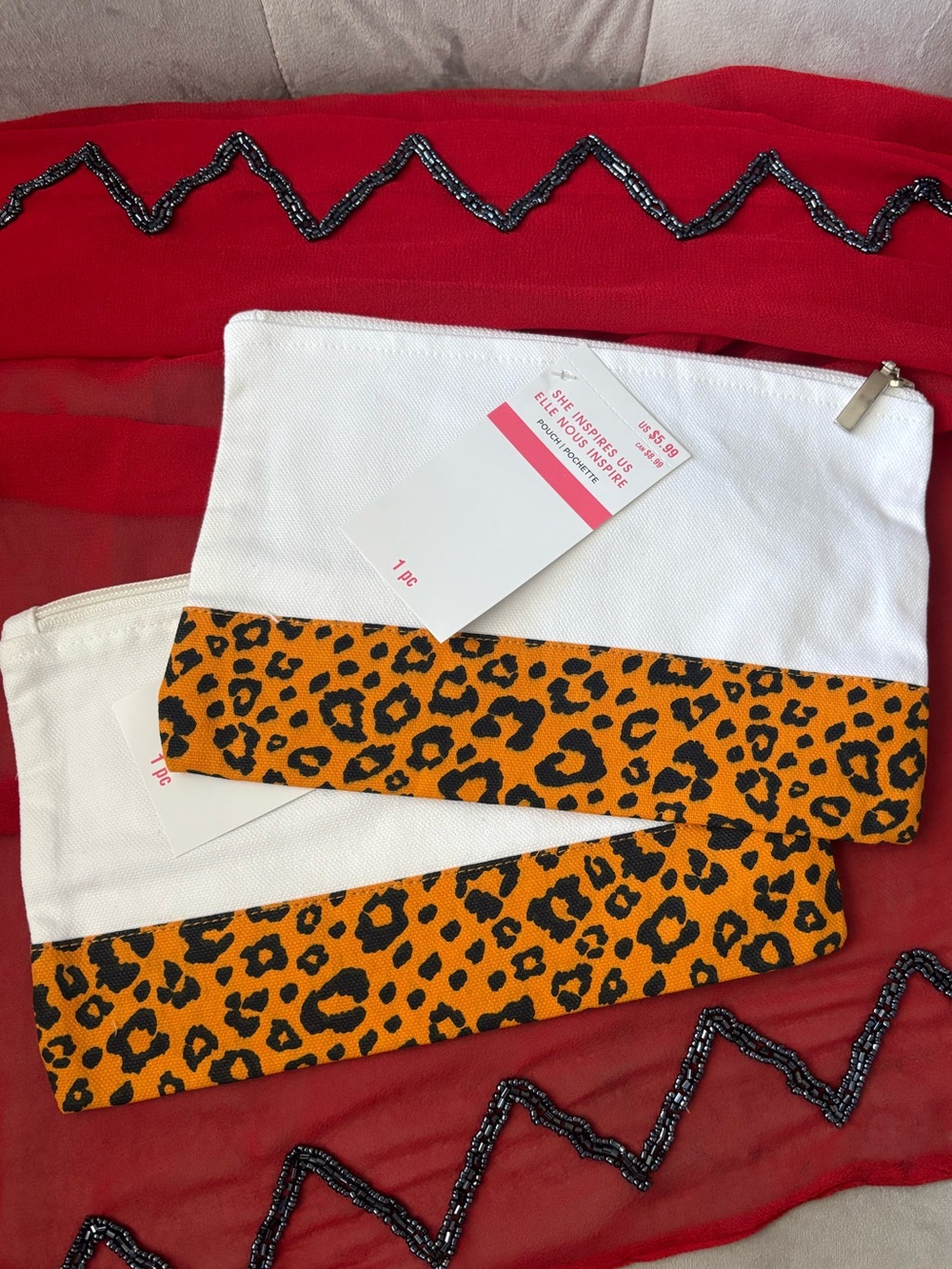 Unbranded White Cosmetic Pouch with Orange Leopard Trim